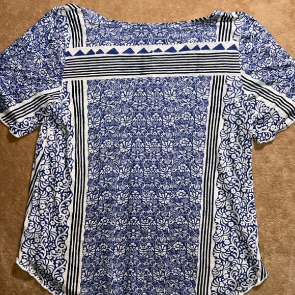 Lucky Brand Women XS Blue‎ White Black Paisley Stripe Loose Fit Shirt (W) - Picture 7 of 7